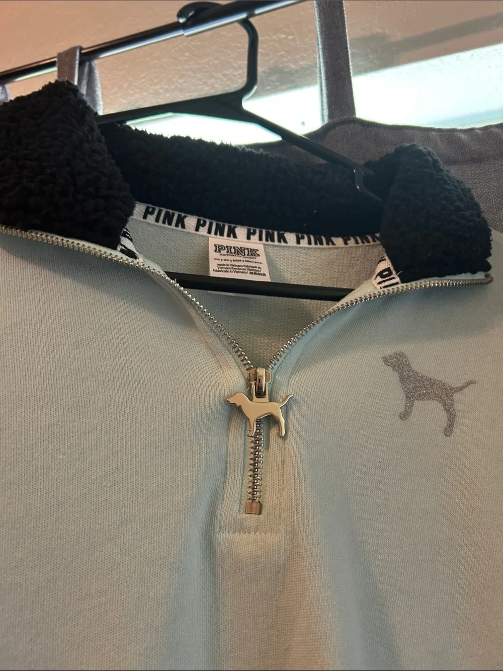 PINK Victoria's Secret Light Mint Quarter-Zip Pullover with Black Sherpa Collar - Picture 3 of 4